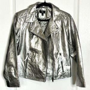G by Giuliana Metallic Silver Leather Moto Jacket
